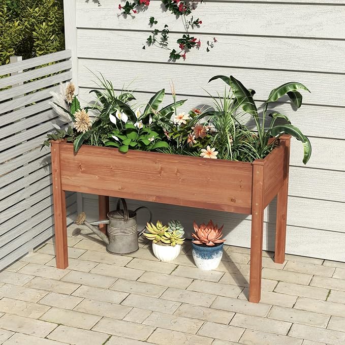 Donext 48 Inch Raised Garden Bed 30 Height Solid Wood Planter Box with Bed Liner 300lb Capacity Elevated Gardening Box(Brown)