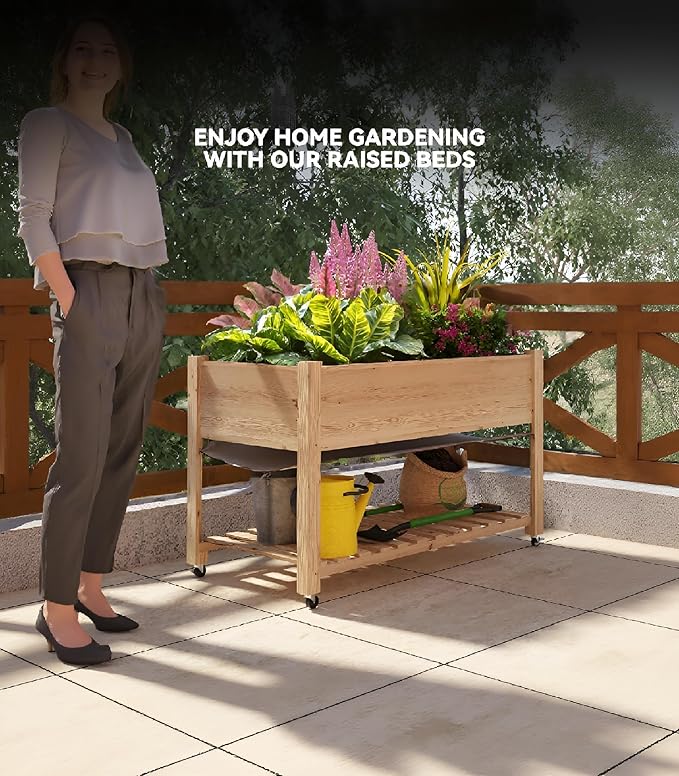 Wooden Plant Bed Raised Garden Bed with Wheels Storage Shelf &amp Protective Liner Mobile Plant Bed for Vegetables Herbs &amp Flowers for Indoor Outdoor Garden Patio Balcony