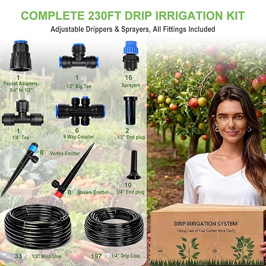 230FT Drip Irrigation System Kit Quick Push-to-Connect Garden Watering System with 1/2'' &amp 1/4'' Tubing Adjustable Drippers &amp Sprayers Auto Irrigation System for Raised Bed Lawn Greenhous