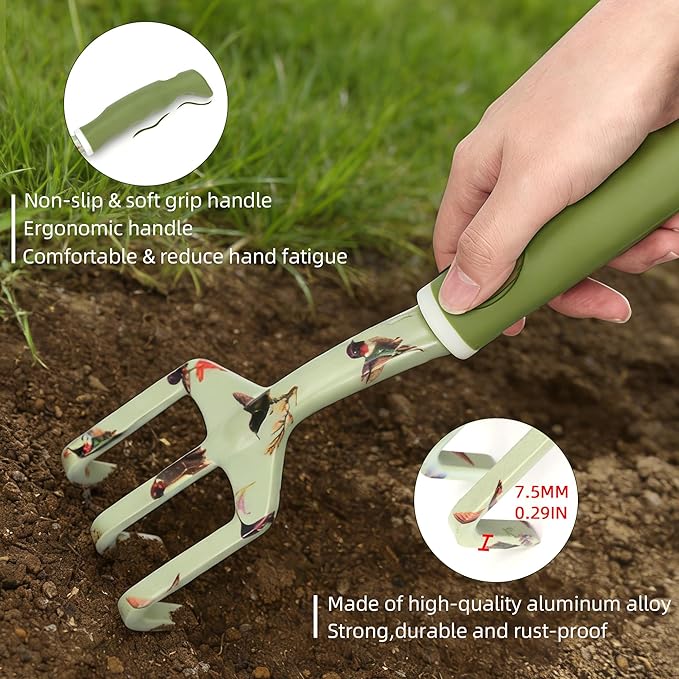 Garden Tool Set with Hummingbird Print Heavy Duty Gardening Hand Tools with Garden Tool BagGardening Gifts for Women&ampMenGreen