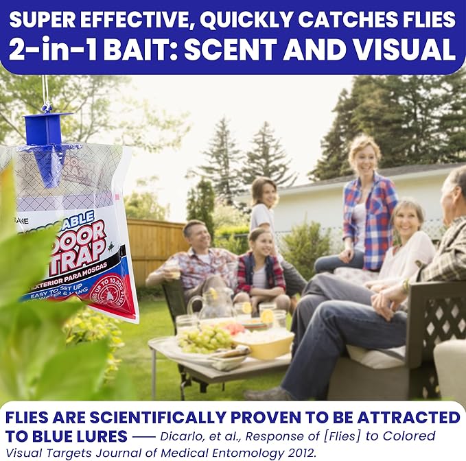 Fly Traps Outdoor Fly Trap for Patio. 12 Non-Toxic Pre-Baited Flies Bags Outdoor Disposable. Hanging Bug Catchers for All Filth Flies Killer for Outside Bug Control in Yard Horse Ranch Trash Can