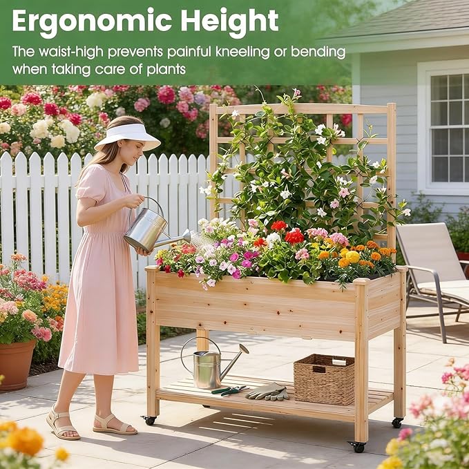 COSTWAY Wooden Raised Garden Bed with Trellis Mobile Elevated Planter on Wheels 285 lbs Capacity with Liner &amp Drainage Holes Freestanding Outdoor Box for Climbing Plants Vegetables &amp Herb