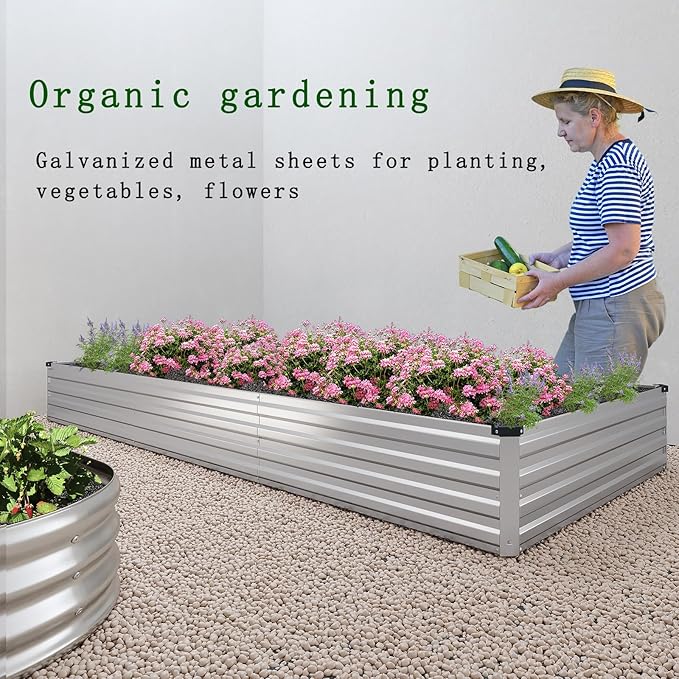 8×2×1FT(2PCS) Galvanized Raised Garden Bed Kit Metal Planter BoxesLarge Outdoor Planters Garden for Planting VegetablesFlowersHerbs -Silver