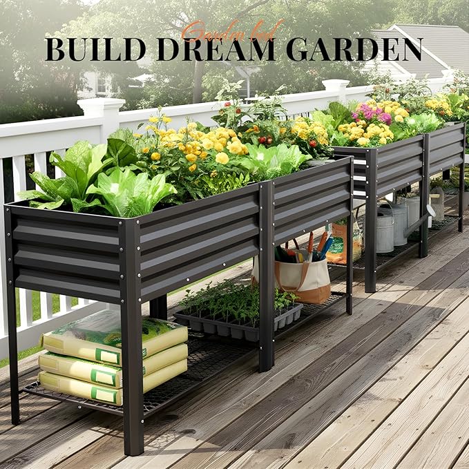 KING BIRD Large Raised Garden Bed with Legs &amp Storage Shelf Galvanized Elevated Planter Box for Backyard Patio Balcony 600lb Capacity Dark Grey 70.9x22.8x31.5 in