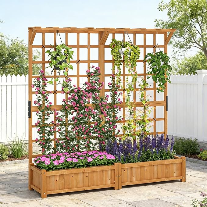 COSTWAY 71” Large Wooden Raised Garden Bed with Trellis and Hanging Roof 2 Planter Boxes 4 Drainage Holes Removable Bottom Plate for Climbing Plants Flowers Outdoor Balcony Planter