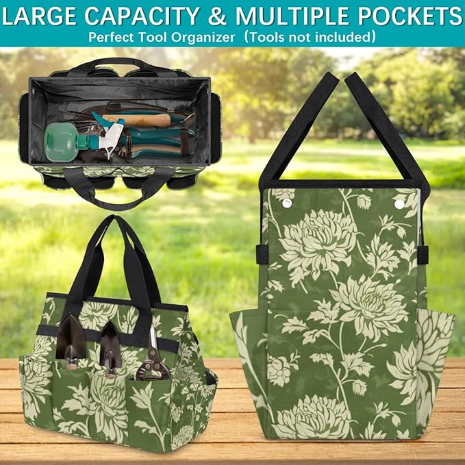 Spring Leaves Gardening Tool BagHeavy Duty Garden Tote BagPortable Oxford Gardening Storage Basket Organizer Handbag with Pockets HandleHand Tools Gifts for Outdoor Garden Lawn Yard