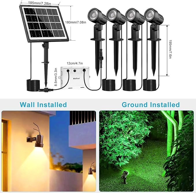 MEIHUA Solar Spot Lights Outdoor Color Changing 4 in 1 Landscape Lighting RGB Spotlights with Remote Control IP66 Waterproof Solar Lights Outdoor Garden for Pathway Yard Pool Tree