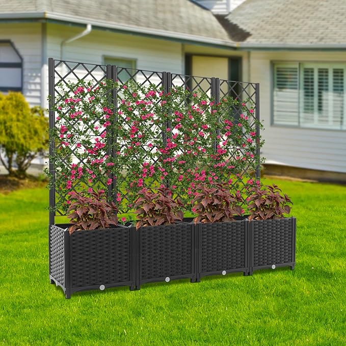 4 PCS Planter with Trellis for Climbing Plants Outdoor Planter Box for Patio Backyard Self Watering Raised Garden Bed with Trellis Privacy Planters for Flower Vegetable Vine