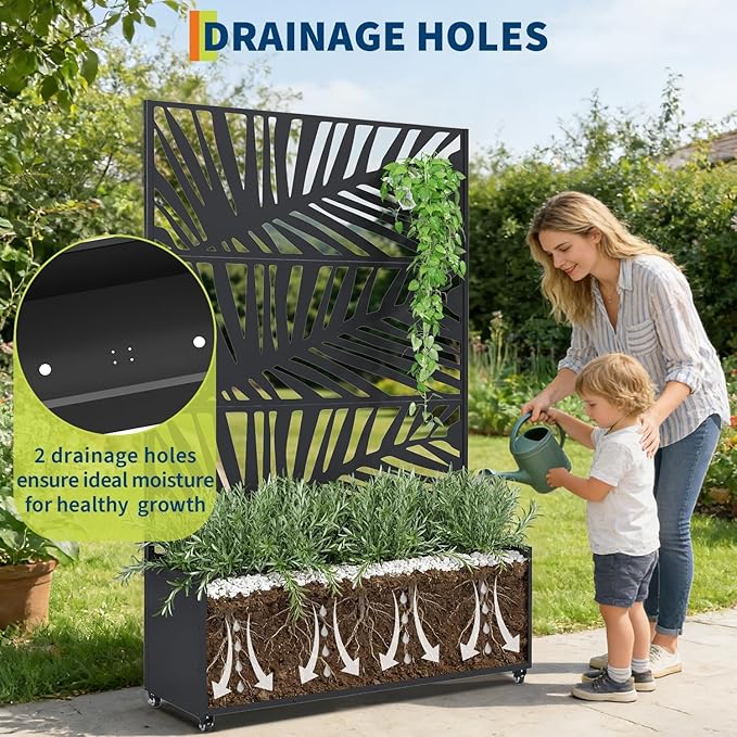 Garvee Metal Raised Garden Bed with Trellis and Wheels 71x47x16 Metal Planter Box with Trellis Privacy Screen for Climbing Plants Vegetable Vines Drainage Holes 15.8 Deep Planting BedBlack
