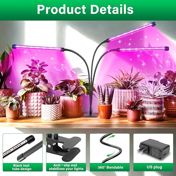 SKYWORLD LED Grow Light 60 LEDs Full Spectrum Clip Plant Growing Lamp for Indoor Plants Flexible Gooseneck Auto On Off Timing 3/9/12H 10 Dimmable Levels 3 Tubes Red &amp Blue