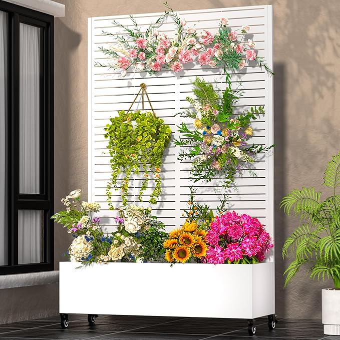 Metal Planter Box with Trellis72x47x16Galvanized Steel Outdoor Raised Garden Bed with Privacy Screenwith Drainage Holes &amp Lockable Casters for Climbing PlantsVegetablesand Vines(BYC-WHITE)