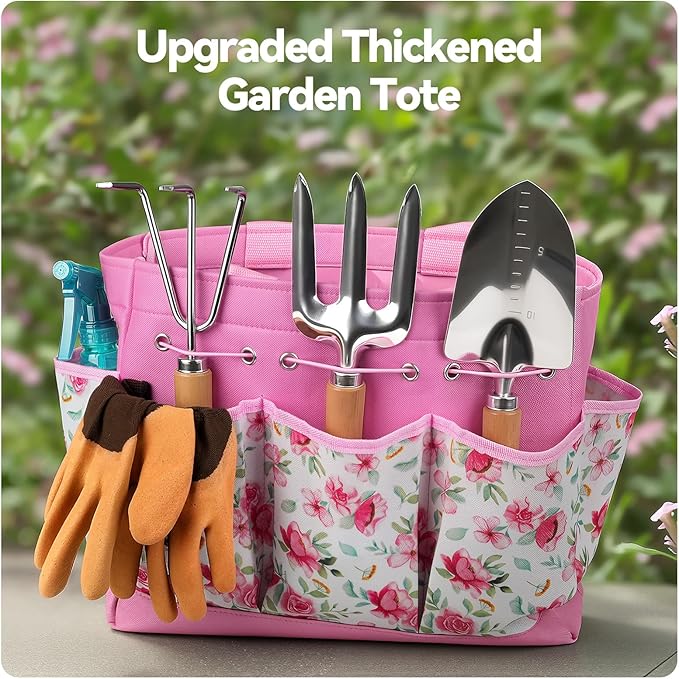 Gardening Tools 9-Piece Heavy Duty Garden Hand Tools with Fashion and Durable Garden Tools Organizer Handbag Rust-Proof Garden Tool Set Ideal Gardening Gifts for Women (Pink)