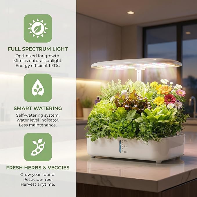 Hydroponics Growing System Kit Soil-Free Indoor Herbs Garden 12 Pods Plant Growth Equipment with 24W Full Spectrum LED Grow Light Smart Silent Cycle Water Pump 3.8L Tank for Gardening