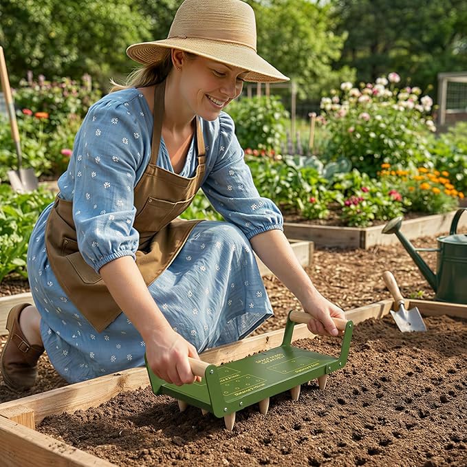 Seed Spacer Tool - Innovative Steel Gardening Template for Organized Planting &amp Bigger Yields – DIY Layout with Interchangeable Pegs Ergonomic Wooden Handle