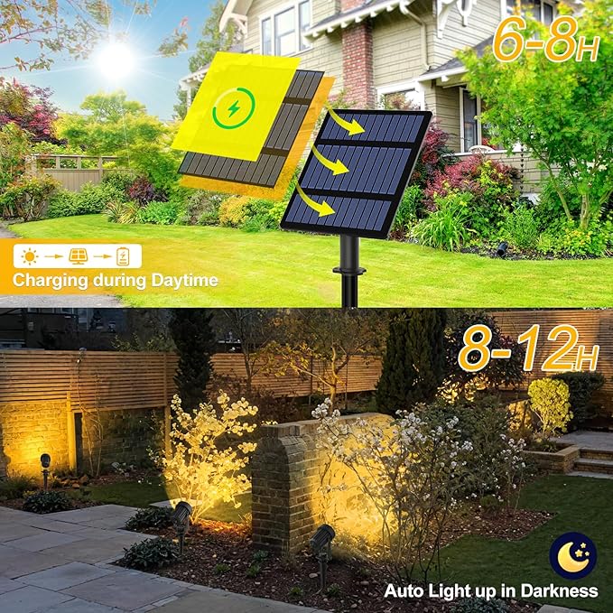 T-SUNUS Solar Landscape Spotlights Warm White 3000K Garden Spot Light IP65 Waterproof 9.8ft Cable 2000mAh Separated Solar Panel Auto On/Off for Garden Driveway Pathway Pool Area