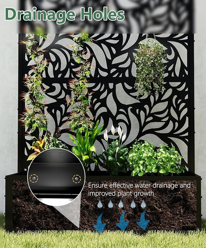 Metal Planter Box with Trellis70.9x47.2x15.7 Raised Garden Bed with Drainage Holes Privacy Planters for Outdoor Garden Bed for Climbing PlantsVegetablesand Vines Black-Flower