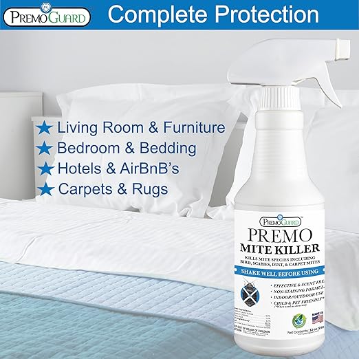 Premo Guard Natural Mite Spray – 16 oz Bottle – Plant Based Treatment for Dust Spider Carpet Bird Rat Mites – Safe for Families Pet Home Bedding &amp Furniture When Used As Directed