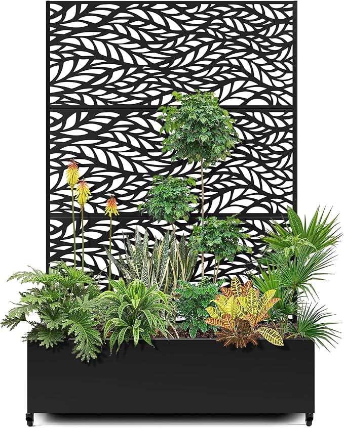 15.7×70.9×47.2 Metal Raised Garden Bed with Trellis and Wheels - Tall Trellis Planter Box for Climbing Plants Vegetables &amp Vines - Outdoor Privacy Planters for Patio (Black-Spring)