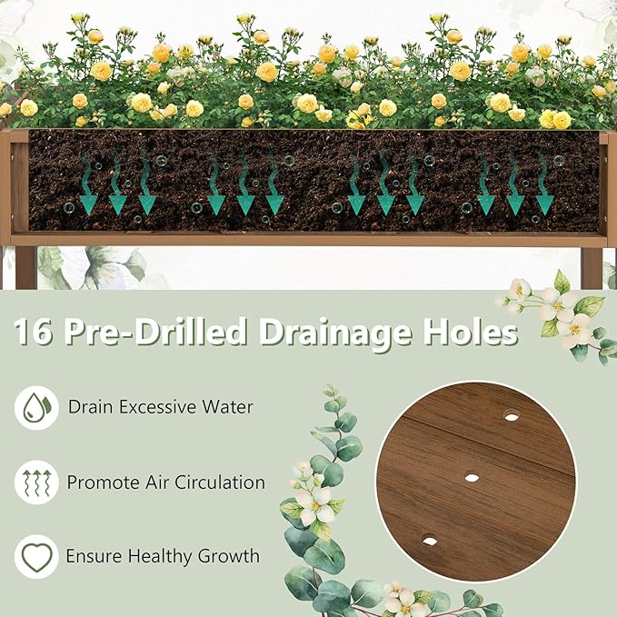 Raised Garden Bed with Legs 47 x 18 x 29 Inch Elevated Planter Box w/HIPS Frame Drainage Holes &amp Storage Shelf Standing Raised Planter for Flowers Herbs Outdoor Balcony Backyard (Coffee)