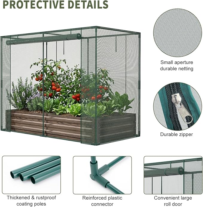 SUNYRISY Galvanized Raised Garden Bed with Protection Netting Outdoor Metal Planter Box with Plant Crop Cage Garden Box Protection for Gardening Vegetables Flowers Herbs Planting Wood Grain