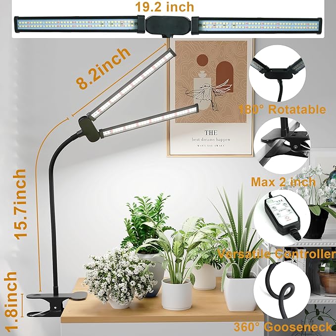 Juhefa LED Grow LightSuper Bright 6000K White Full Spectrum Clip Plant Growing Lamp with Rotatable Dual Head for Indoor Desk PlantsDimmable &amp Timer 4/8/12HHigh Power Output for Faster Growth1-