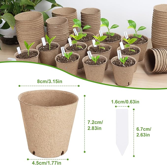 132 Pack Organic Peat Pots 3.15 Inch Nursery Pot Round Plant Seedling Pots with Drainage Holes Small Seed Starting Starter Tray Bulk Garden Germination Container with 132 Planting Labels(8 cm)