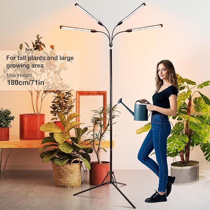 FECiDA 2026 4Head Grow Lights with Upgraded Stand Standing Grow Lights for Indoor Tall Plants Bonsai Tree 4/8/12/16/20 Hr Timer 36 Watt Power Draw NO Need Adapter 24-72 Height Adjustable