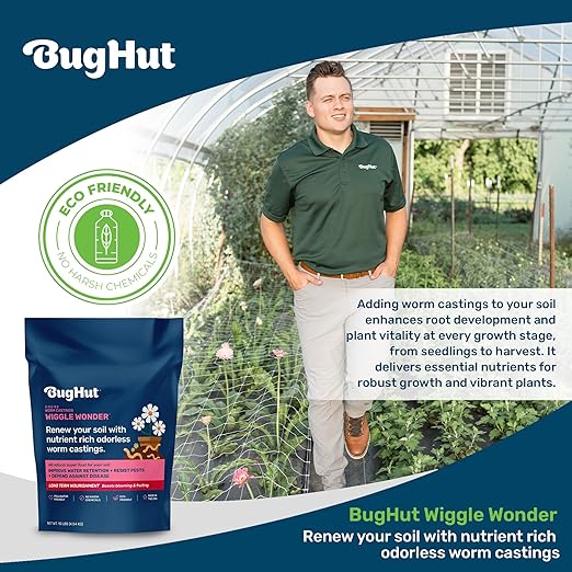 BugHut Wiggle Wonder Organic Worm Castings for Plants - Nourishing Plant Food Enhances Soil Structure Retains Moisture Ideal for Indoor and Outdoor Plants Vegetables Herbs Flowers - 10 lb Bag
