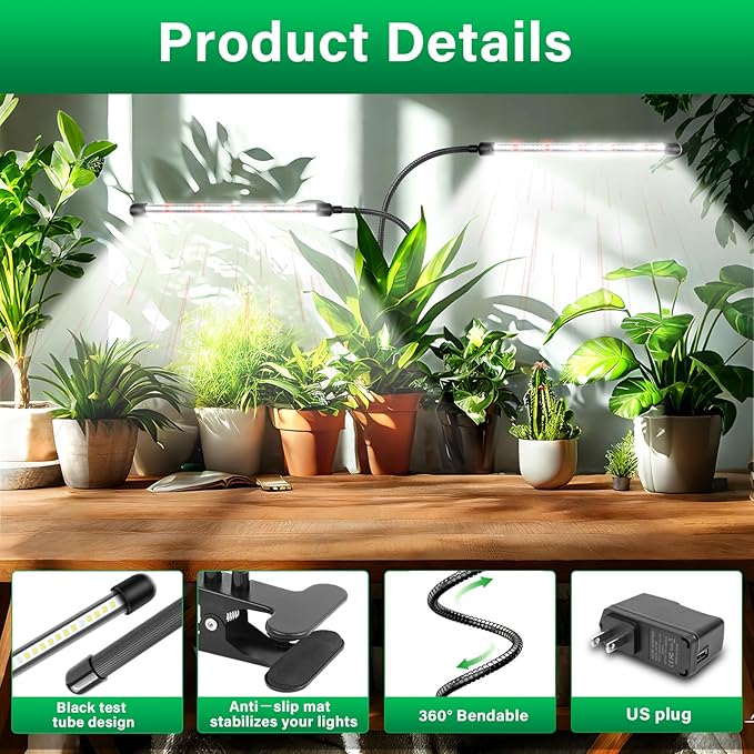 SKYWORLD LED Grow Light 126 LEDs Full Spectrum Clip Plant Growing Lamp for Indoor Plants Flexible Gooseneck Auto On Off Timing 3/9/12H 10 Dimmable Levels 3 Tubes Red &amp White