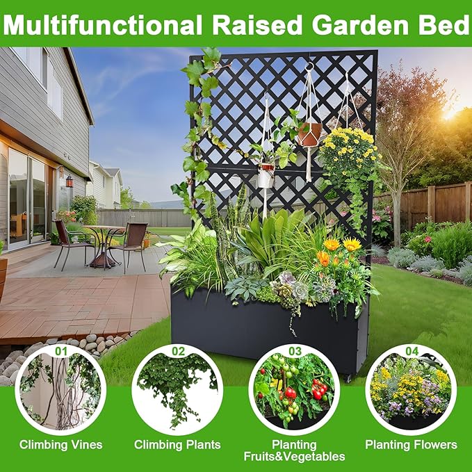 Metal Raised Garden Bed with Trellis Vegetable and Flower Garden Boxes Planter Box with Wheels for Climbing Plants Vegetable Outdoor Indoor 72.83x46.46x11.81