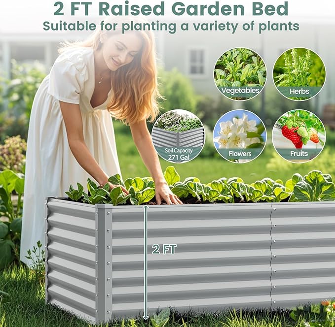 2 Pieces Raised Garden Beds Metal Garden Planter with Open Bottom Sprayed Plate &amp Thickened Corner Protectors Outdoor Planter Box for Vegetables Flowers &amp Herbs (Gray)
