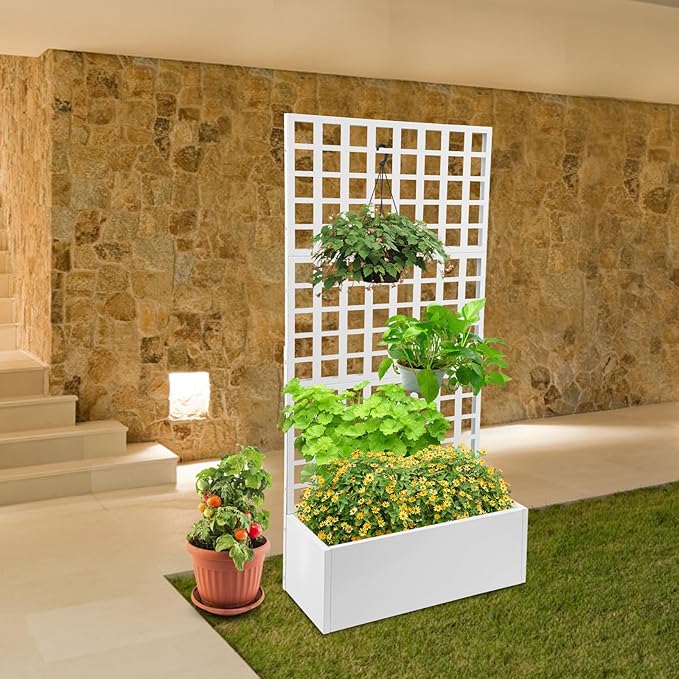 Metal Planter with TrellisRaised Garden Bed with TrellisPlanter Box with Privacy Screen for Climbing Plants Vegetables Vines 35x16x71in (White)