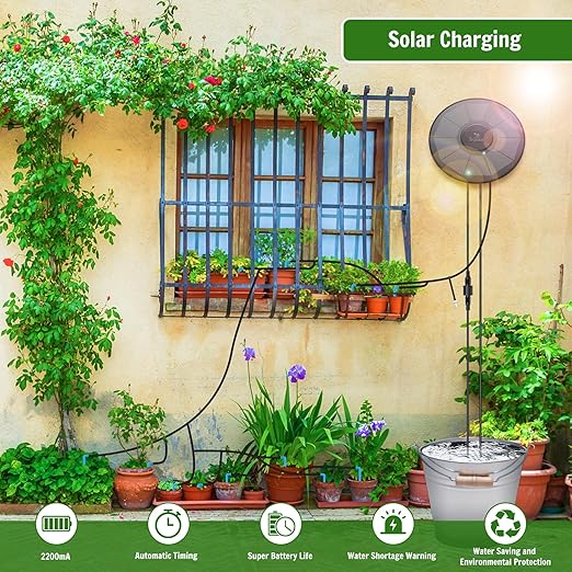 Solar Irrigation System Automatic Drip Irrigation Kit for Outdoor/Indoor Garden Watering System with Water Level DetectionDrip Irrigation System for 15 Potted Plant with 15m Water Hose
