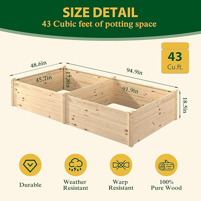 95''L x 49''H x 19''W Wood Raised Garden Beds Outdoor Elevated Planter Raised Bed with Open Base for Vegetables Flowers Herbs Ideal for Outdoor Gardening Backyard Patio Natural
