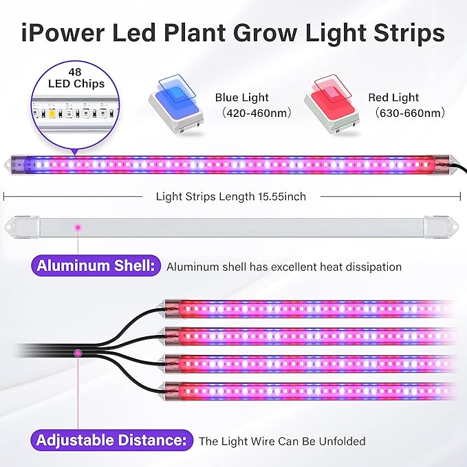 iPower 60W LED Plant Grow Light Strips Full Spectrum for Indoor Plants with Auto ON/Off 3/9/12H Timer 10 Dimmable Levels 48 LEDs Per Tude for Hydroponics Succulent 4 Tubes Red&ampBlue