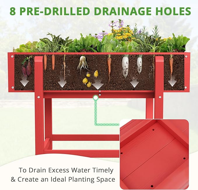 LUE BONA Raised Garden Bed with Wheels 39.4 * 16.7 * 28 in Poly Elevated Outdoor Planter Box with Tools Weather Resistant Standing Growing Bed Herb Planter for Vegetable Flowers Fruits