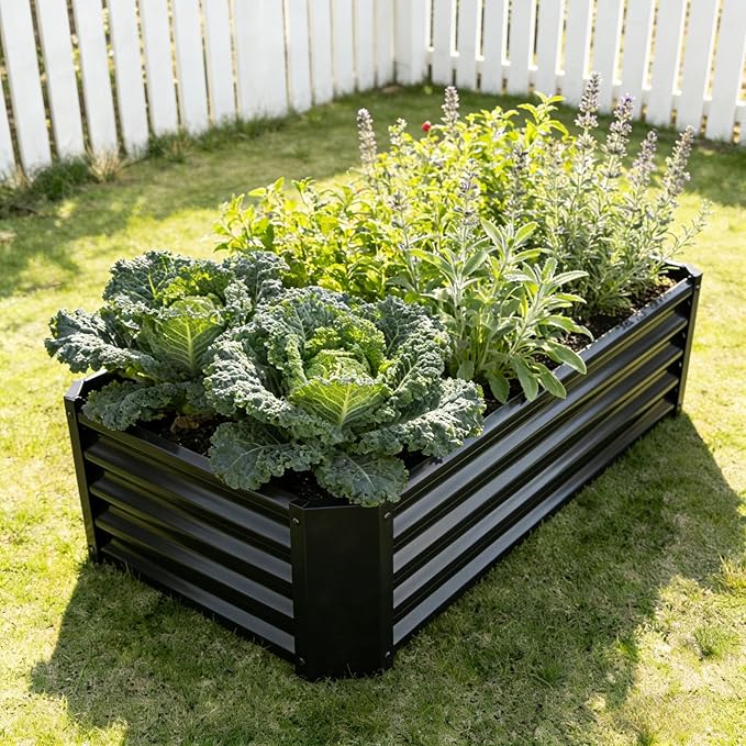 Metal Galvanized Raised Garden Bed Kit 4 x 2 x 1 ft Galvanized Steel Raised Garden Planter Box Outdoor with Open Base for Growing Vegetables/Flowers/Herbs/Fruits/Succulents Rectangle Black