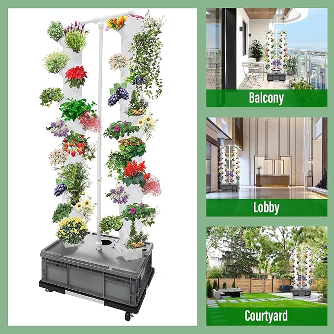 56 Slots Hydroponics TowerVertical Vegetable Planter Tower Hydroponic Germination Tower with 4 Wheels30L/7.93Gal Indoor Outdoor Garden Hydroponics Growing Tower System