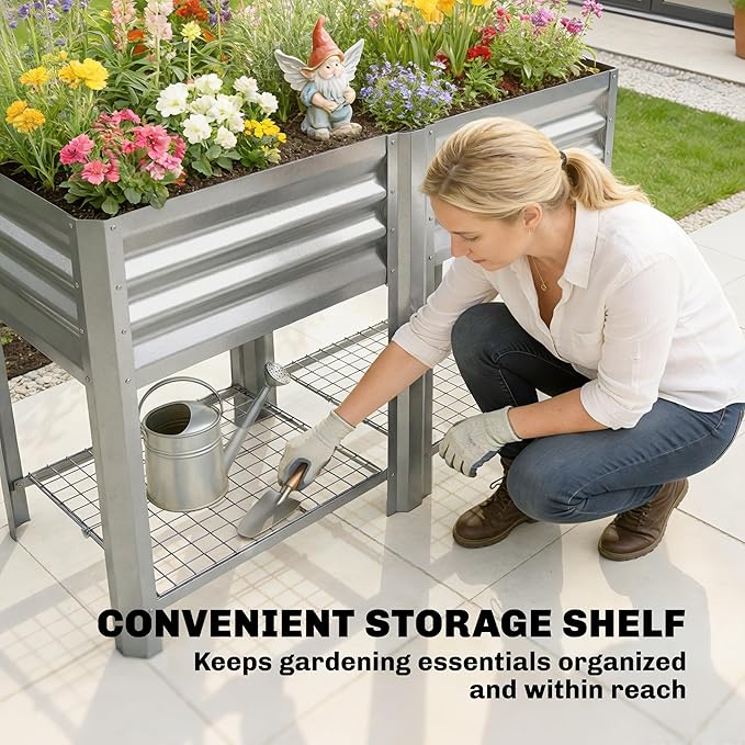 Outsunny Galvanized Steel Raised Garden Bed with Storage Shelf and Bed Liner Elevated Planter Box with Legs for Flowers Vegetables and Herbs for Outdoor Patio Yard Glove Included Silver