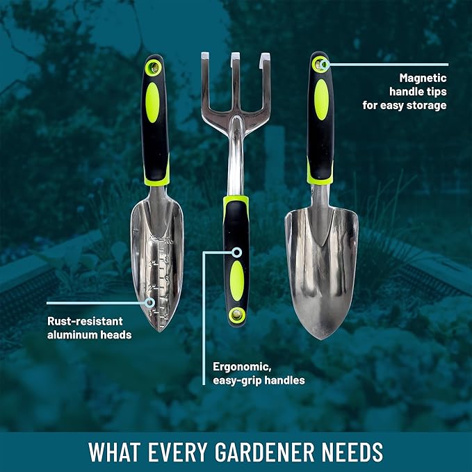 Magnetic Garden Tool Set – 3-Piece Stainless Steel Gardening Tools with Built-in Magnets Rust-Proof &amp Weather-Resistant Hand Tools for Digging Weeding &amp Transplanting