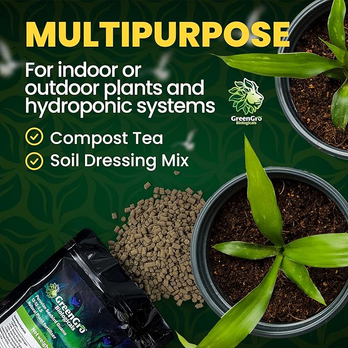 GreenGro Peruvian Seabird Guano Organic Plant Fertilizer with Nutrients for Indoor and Outdoor Plants Hydroponic Gardens Soil Mix and Compost Tea