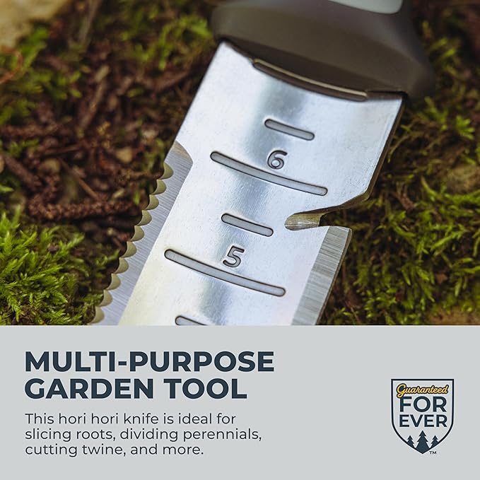 WOODLAND TOOLS Heavy Duty Hori Hori Garden Knife - Stainless Steel Soil Knife with Serrated Edge Depth Markings and Ergonomic Grip Multi-Use Weeding and Digging Tool with Sheath for Gardening