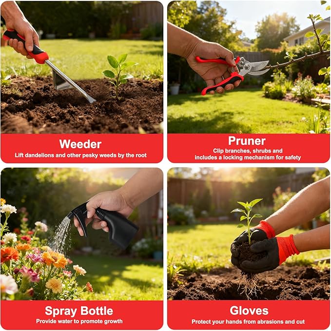 Yesker Gardening Tools 9-Piece Heavy Duty Garden Tool Set Gardening Supplies Gifts for Women Men Gardening Hand Tool Kit with Non-Slip Ergonomic Handle Garden Bag Durable Gloves Pruning Shears Red