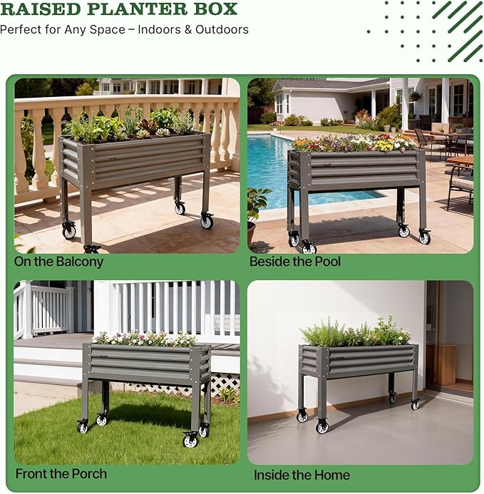 A ANLEOLIFE Elevated Raised Garden Bed with Lockable Wheels 48x18x35 in Galvanized Steel Planter Box with Legs Waist-High Design Reinforced Frame for Balcony Patio &amp Porch Quartz Grey