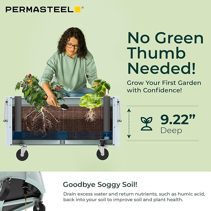 Permasteel Self-Watering Garden Bed Rolling Planter for Vegetables Flowers Herbs and Fruit Outdoor Indoor Caster Wheels Blue