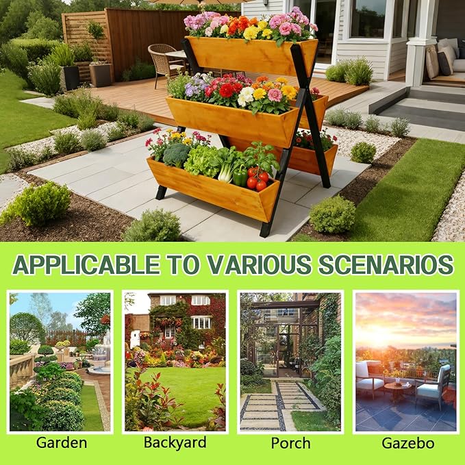 3 Tiers Wooden Vertical Raised Garden Bed with LegsBrown Planter Raised Beds Kit for Flowers Herbs Vegetables (29 L x34 W x32 H)