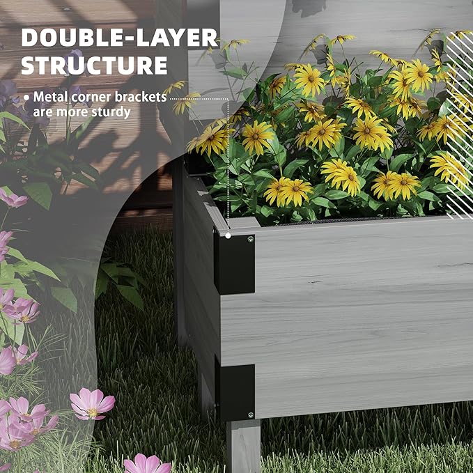 Outsunny Raised Garden Bed with Trellis 2 Tier Wooden Elevated Planter Box with Legs and Metal Corners for Vegetables Flowers Herbs Gray