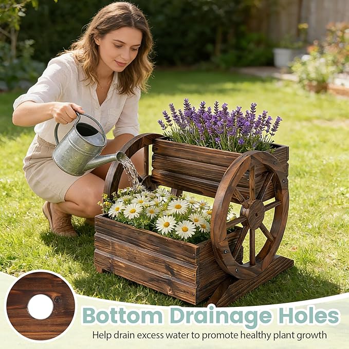 HAPPYGRILL Wood Wagon Planter Box 2-Tier Rustic Raised Garden Bed w/Wheels Drainage Holes for Vegetables Flowers Indoor Outdoor Decorative Planter Container Flower Cart for Patio Balcony (1)