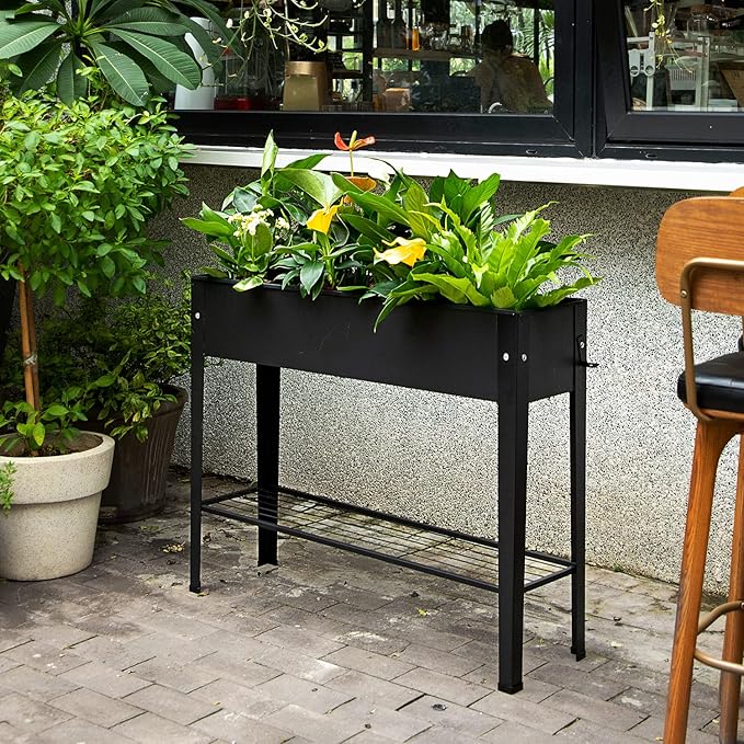 Piksedo Raised Garden Bed Elevated Planter Metal Plant Box with Legs Standing Garden Stand Drainage Holes Frosted Black