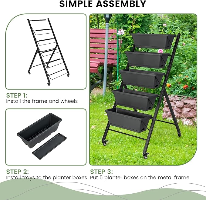 Giantex Set of 2 Vertical Raised Garden Bed on Wheels Elevated Planter Raised Beds with Water Drainage Freestanding 5 Container Boxes for Vegetables and Flowers Growing Outdoor Indoor Patio Balcony